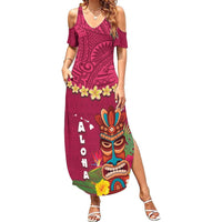 Hawaii Plumeria Lei Summer Maxi Dress Tiki and Kakau Pattern Pink Color LT03 Women Pink - Polynesian Pride