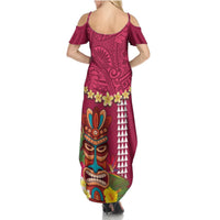 Hawaii Plumeria Lei Summer Maxi Dress Tiki and Kakau Pattern Pink Color LT03 - Polynesian Pride