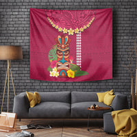 Hawaii Plumeria Lei Tapestry Tiki and Kakau Pattern Pink Color
