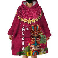 Hawaii Plumeria Lei Wearable Blanket Hoodie Tiki and Kakau Pattern Pink Color