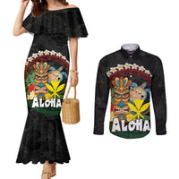 Aloha Hawaii Couples Matching Mermaid Dress and Long Sleeve Button Shirt Kanaka Maoli with Polynesian Spiral Plumeria LT03 Black - Polynesian Pride