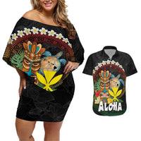 Aloha Hawaii Couples Matching Off Shoulder Short Dress and Hawaiian Shirt Kanaka Maoli with Polynesian Spiral Plumeria LT03 Black - Polynesian Pride