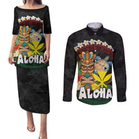 Aloha Hawaii Couples Matching Puletasi and Long Sleeve Button Shirt Kanaka Maoli with Polynesian Spiral Plumeria LT03 Black - Polynesian Pride