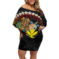 Aloha Hawaii Family Matching Off Shoulder Short Dress and Hawaiian Shirt Kanaka Maoli with Polynesian Spiral Plumeria