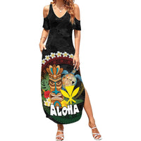 Aloha Hawaii Summer Maxi Dress Kanaka Maoli with Polynesian Spiral Plumeria LT03 Women Black - Polynesian Pride