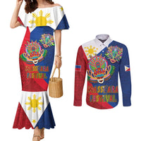 Philippines MassKara Couples Matching Mermaid Dress and Long Sleeve Button Shirt Filipino Carnival Mask and Polynesian Pattern