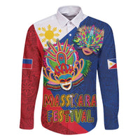 Philippines MassKara Family Matching Summer Maxi Dress and Hawaiian Shirt Filipino Carnival Mask and Polynesian Pattern LT03 Dad's Shirt - Long Sleeve Blue - Polynesian Pride
