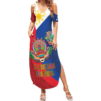 Philippines MassKara Family Matching Summer Maxi Dress and Hawaiian Shirt Filipino Carnival Mask and Polynesian Pattern LT03 Mom's Dress Blue - Polynesian Pride