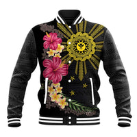 Hawaii and Philippines Together Baseball Jacket Hibiscus Flower and Sun Badge Polynesian Pattern Coloful LT03 Unisex Black - Polynesian Pride