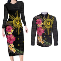 Hawaii and Philippines Together Couples Matching Long Sleeve Bodycon Dress and Long Sleeve Button Shirt Hibiscus Flower and Sun Badge Polynesian Pattern Coloful