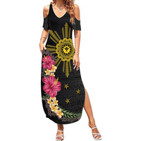 Hawaii and Philippines Together Family Matching Summer Maxi Dress and Hawaiian Shirt Hibiscus Flower and Sun Badge Polynesian Pattern Coloful