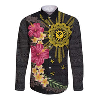 Hawaii and Philippines Together Long Sleeve Button Shirt Hibiscus Flower and Sun Badge Polynesian Pattern Coloful LT03 Unisex Black - Polynesian Pride
