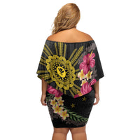 Hawaii and Philippines Together Off Shoulder Short Dress Hibiscus Flower and Sun Badge Polynesian Pattern Coloful