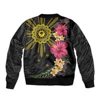 Hawaii and Philippines Together Sleeve Zip Bomber Jacket Hibiscus Flower and Sun Badge Polynesian Pattern Coloful