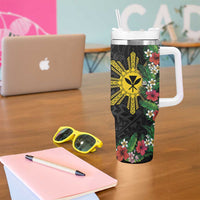 Hawaii and Philippines Together Tumbler With Handle Hibiscus Flower and Sun Badge Polynesian Pattern Coloful