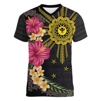 Hawaii and Philippines Together Women V-Neck T-Shirt Hibiscus Flower and Sun Badge Polynesian Pattern Coloful LT03 Female Black - Polynesian Pride