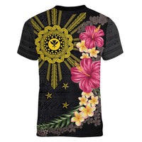 Hawaii and Philippines Together Women V-Neck T-Shirt Hibiscus Flower and Sun Badge Polynesian Pattern Coloful LT03 - Polynesian Pride
