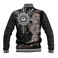 Hawaii and Philippines Together Baseball Jacket Hibiscus Flower and Sun Badge Polynesian Pattern Grayscale LT03 - Polynesian Pride