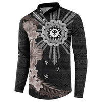 Hawaii and Philippines Together Button Sweatshirt Hibiscus Flower and Sun Badge Polynesian Pattern Grayscale