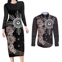 Hawaii and Philippines Together Couples Matching Long Sleeve Bodycon Dress and Long Sleeve Button Shirt Hibiscus Flower and Sun Badge Polynesian Pattern Grayscale