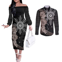 Hawaii and Philippines Together Couples Matching Off The Shoulder Long Sleeve Dress and Long Sleeve Button Shirt Hibiscus Flower and Sun Badge Polynesian Pattern Grayscale