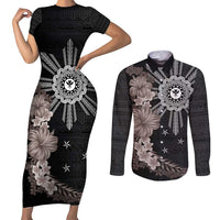 Hawaii and Philippines Together Couples Matching Short Sleeve Bodycon Dress and Long Sleeve Button Shirt Hibiscus Flower and Sun Badge Polynesian Pattern Grayscale