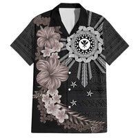 Hawaii and Philippines Together Family Matching Off Shoulder Maxi Dress and Hawaiian Shirt Hibiscus Flower and Sun Badge Polynesian Pattern Grayscale