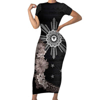 Hawaii and Philippines Together Family Matching Short Sleeve Bodycon Dress and Hawaiian Shirt Hibiscus Flower and Sun Badge Polynesian Pattern Grayscale