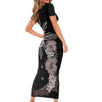 Hawaii and Philippines Together Family Matching Short Sleeve Bodycon Dress and Hawaiian Shirt Hibiscus Flower and Sun Badge Polynesian Pattern Grayscale