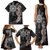 Hawaii and Philippines Together Family Matching Tank Maxi Dress and Hawaiian Shirt Hibiscus Flower and Sun Badge Polynesian Pattern Grayscale