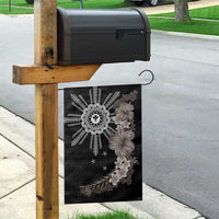 Hawaii and Philippines Together Garden Flag Hibiscus Flower and Sun Badge Polynesian Pattern Grayscale