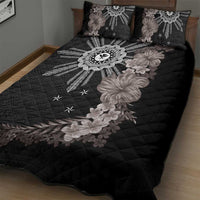 Hawaii and Philippines Together Quilt Bed Set Hibiscus Flower and Sun Badge Polynesian Pattern Grayscale