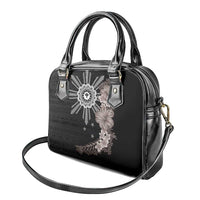 Hawaii and Philippines Together Shoulder Handbag Hibiscus Flower and Sun Badge Polynesian Pattern Grayscale