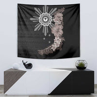 Hawaii and Philippines Together Tapestry Hibiscus Flower and Sun Badge Polynesian Pattern Grayscale