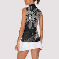 Hawaii and Philippines Together Women Sleeveless Polo Shirt Hibiscus Flower and Sun Badge Polynesian Pattern Grayscale