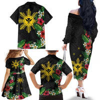 Tropical Hawaii and Philippines Family Matching Off The Shoulder Long Sleeve Dress and Hawaiian Shirt Kanaka Maoli and Sun Badge Batok Tattoo Colorful