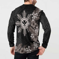 Tropical Hawaii and Philippines Button Sweatshirt Kanaka Maoli and Sun Badge Batok Tattoo Grayscale
