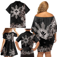 Tropical Hawaii and Philippines Family Matching Off Shoulder Short Dress and Hawaiian Shirt Kanaka Maoli and Sun Badge Batok Tattoo Grayscale
