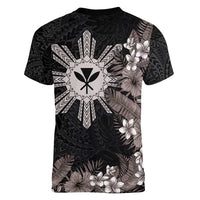 Tropical Hawaii and Philippines Women V-Neck T-Shirt Kanaka Maoli and Sun Badge Batok Tattoo Grayscale LT03 - Polynesian Pride