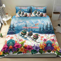 New Zealand Merry Christmas Bedding Set Kiwi Birds Snow Boarding-Vibrant Tropical Flower - Polynesian Pride