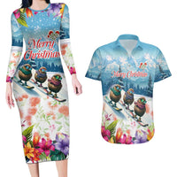 New Zealand Merry Christmas Couples Matching Long Sleeve Bodycon Dress and Hawaiian Shirt Kiwi Birds Snow Boarding-Vibrant Tropical Flower - Polynesian Pride