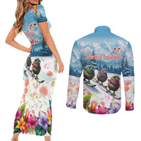 New Zealand Merry Christmas Couples Matching Short Sleeve Bodycon Dress and Long Sleeve Button Shirt Kiwi Birds Snow Boarding-Vibrant Tropical Flower - Polynesian Pride