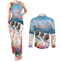 New Zealand Merry Christmas Couples Matching Tank Maxi Dress and Long Sleeve Button Shirt Kiwi Birds Snow Boarding-Vibrant Tropical Flower - Polynesian Pride