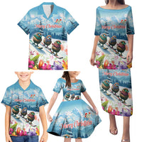 New Zealand Merry Christmas Family Matching Puletasi and Hawaiian Shirt Kiwi Birds Snow Boarding-Vibrant Tropical Flower - Polynesian Pride