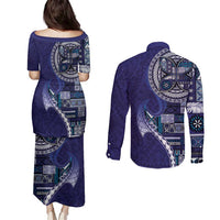 Samoan Siapo Art Tattoo Polynesian Pattern Couples Matching Puletasi and Long Sleeve Button Shirt Navy Color - Polynesian Pride