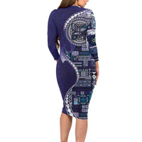 Samoan Siapo Art Tattoo Polynesian Pattern Family Matching Long Sleeve Bodycon Dress and Hawaiian Shirt Navy Color - Polynesian Pride