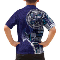 Samoan Siapo Art Tattoo Polynesian Pattern Family Matching Off Shoulder Short Dress and Hawaiian Shirt Navy Color - Polynesian Pride