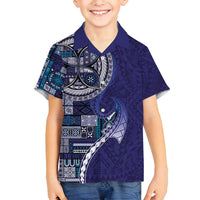Samoan Siapo Art Tattoo Polynesian Pattern Family Matching Off Shoulder Short Dress and Hawaiian Shirt Navy Color - Polynesian Pride