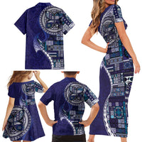 Samoan Siapo Art Tattoo Polynesian Pattern Family Matching Short Sleeve Bodycon Dress and Hawaiian Shirt Navy Color - Polynesian Pride