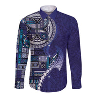 Samoan Siapo Art Tattoo Polynesian Pattern Long Sleeve Button Shirt Navy Color - Polynesian Pride